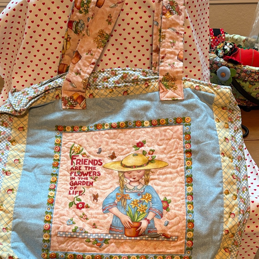 Mary Engelbreit Handcrafted Floral Patchwork Tote Bag with Garden Design